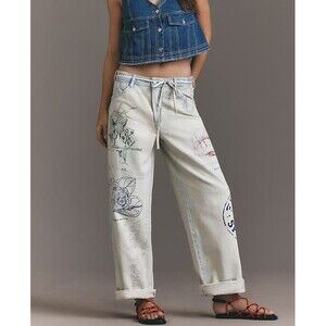 Pilcro Womens Mid rise Slouchy Wide Leg Cuffed Jeans Size 26 printed Nautical